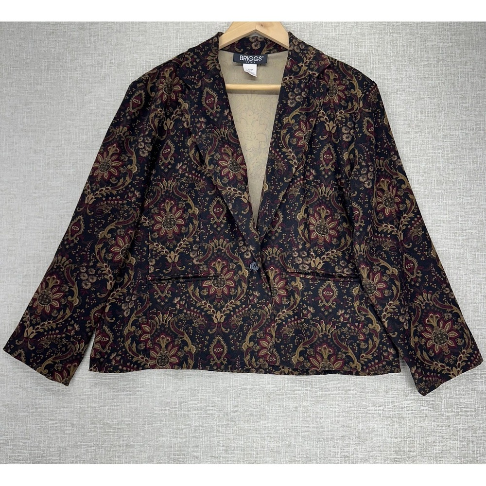 Briggs Blazer Jacket Womens 12P‎ Black Paisley One Button Lined Career